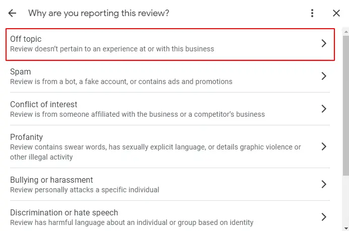 Selecting A Reason For Reporting A Google Review