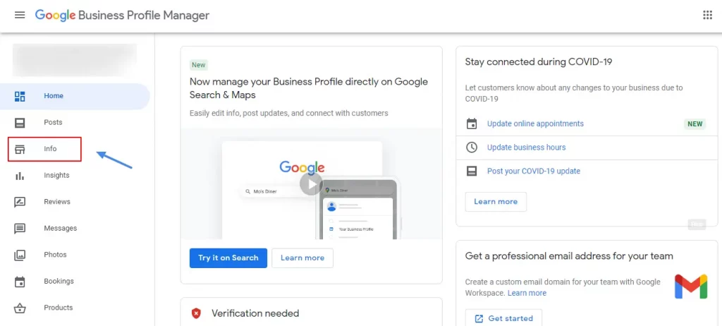 Clicking On The Info Tab In Google Business Account