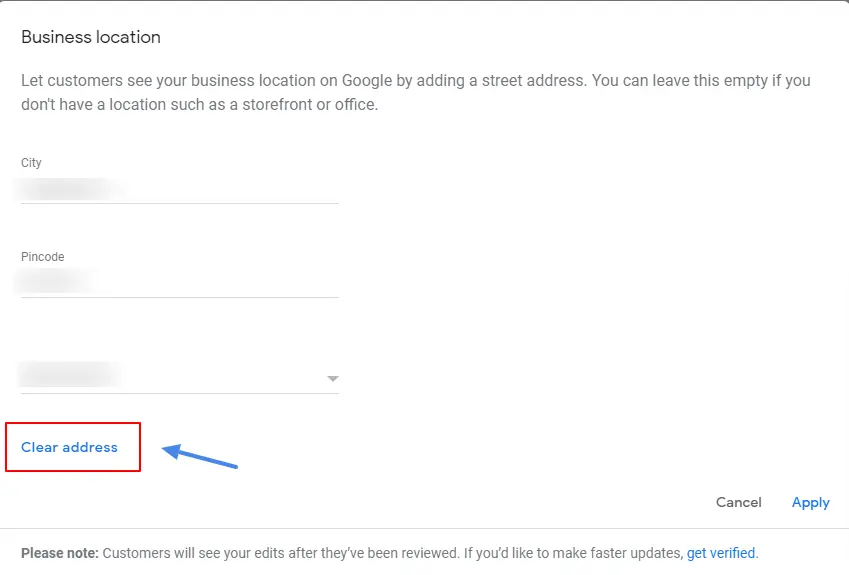 Selecting Clear Address Option In Google My Business Account