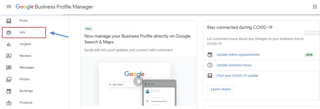 Clicking On The Info Tab In Google Business Dashboard