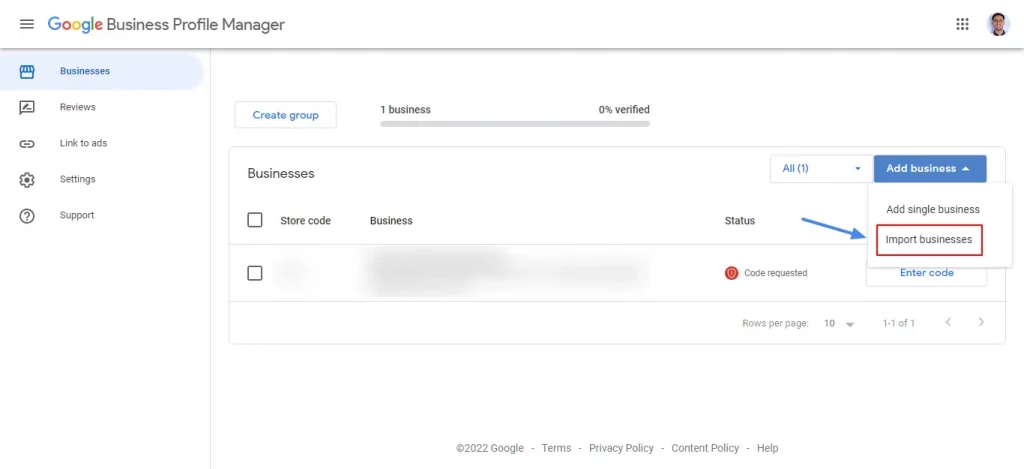 Selecting Import Businesses Option In Google My Business Dashboard