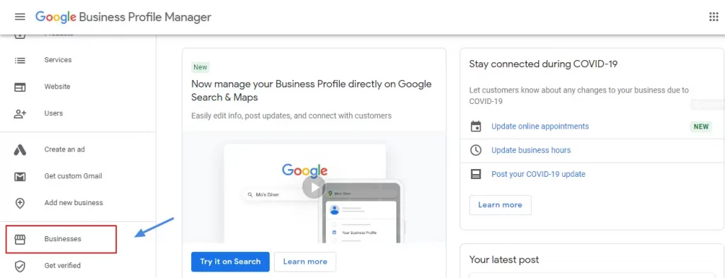 Clicking On Businesses Tab In Google My Business Dashboard