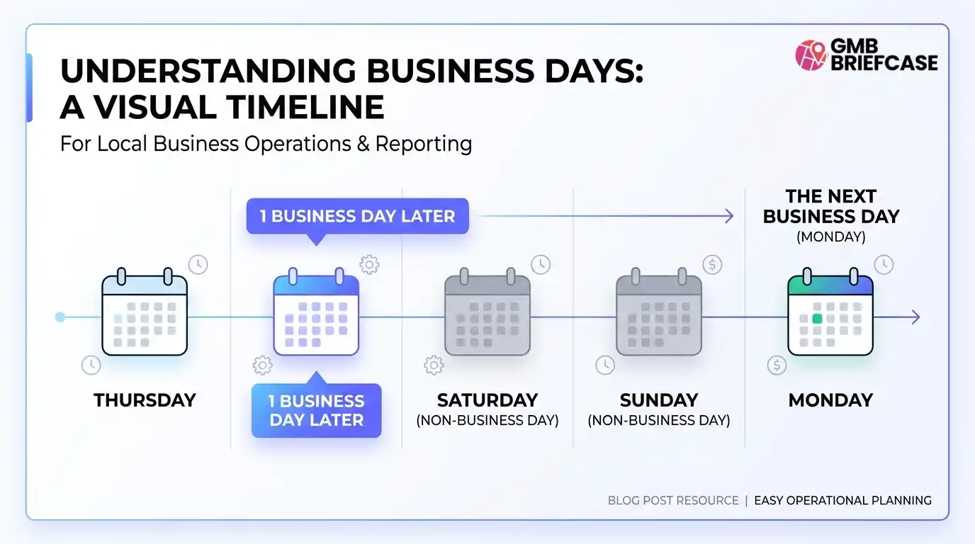 Timeline showing Thursday to Monday, with weekend shaded out and Friday highlighted as the next business day.