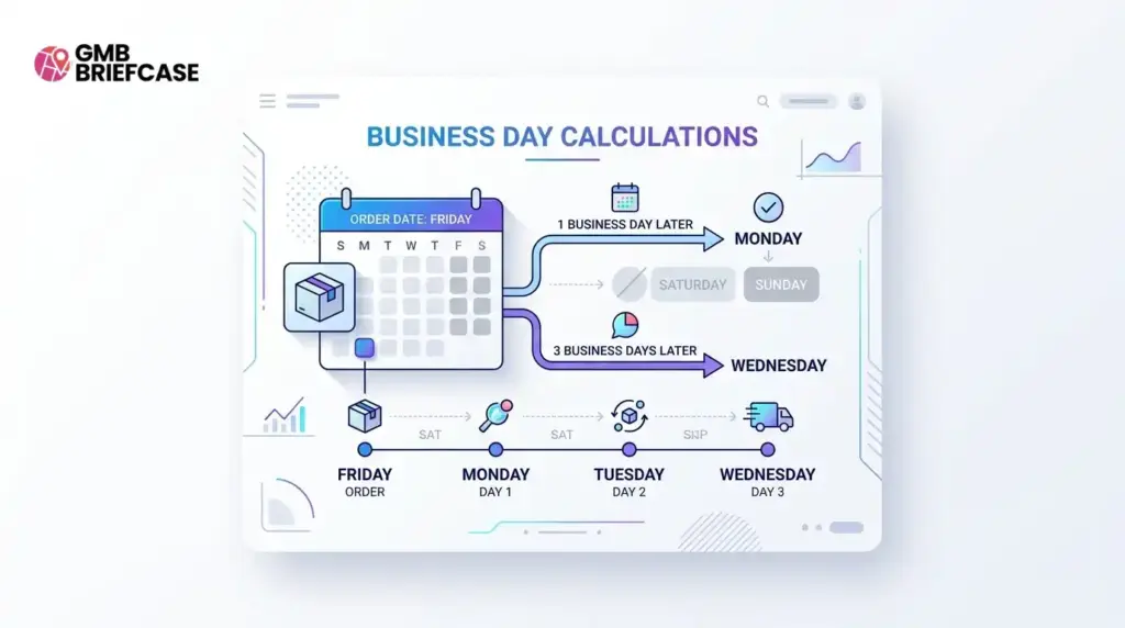Calendar example showing how Friday becomes Monday after one business day and Wednesday after three business days.