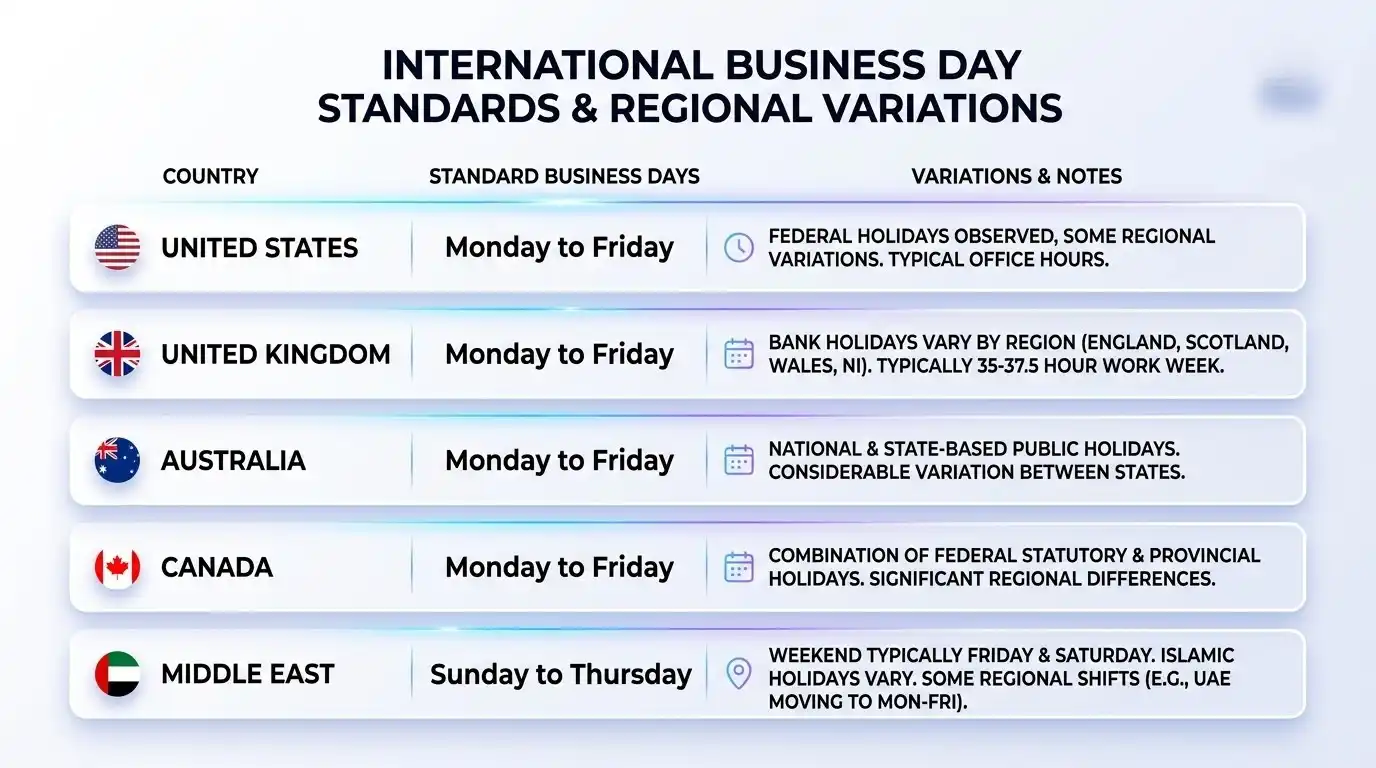Country comparison graphic showing how business days differ across the United States, United Kingdom, Australia, Canada, and the Middle East.