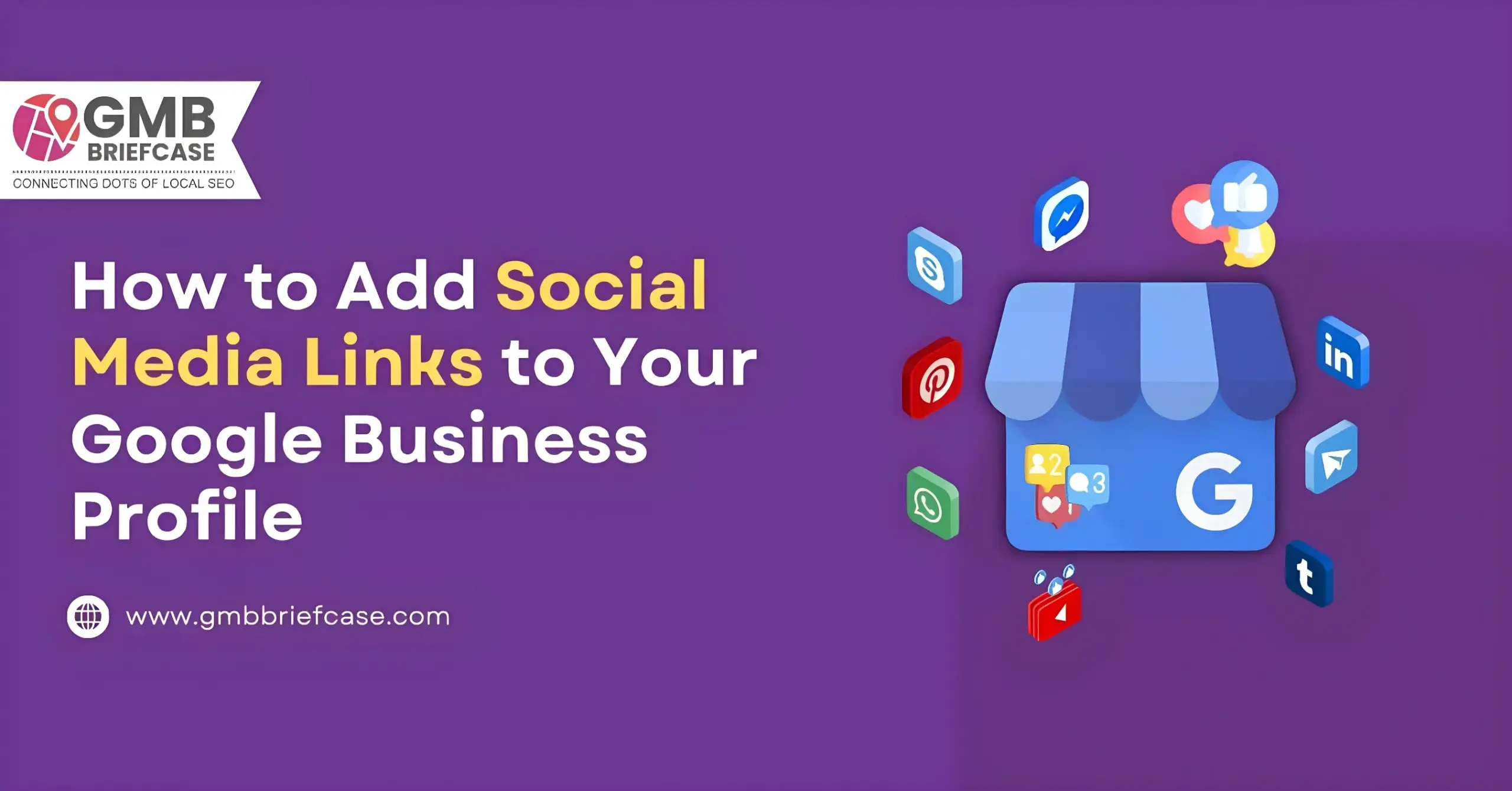 Header image with the title ‘How to Add Social Media Links to Your Google Business Profile’, GMB Briefcase logo, and social media icons surrounding a Google profile icon.