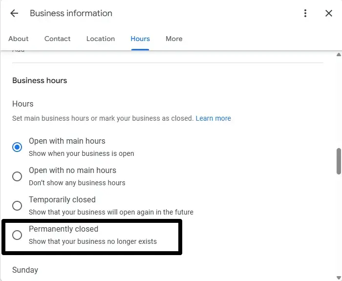 edit hours and select permanently closed option