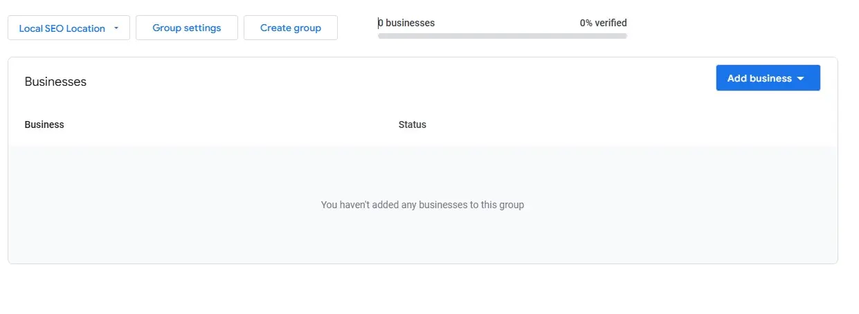 Newly created Business Group page showing option to add existing locations