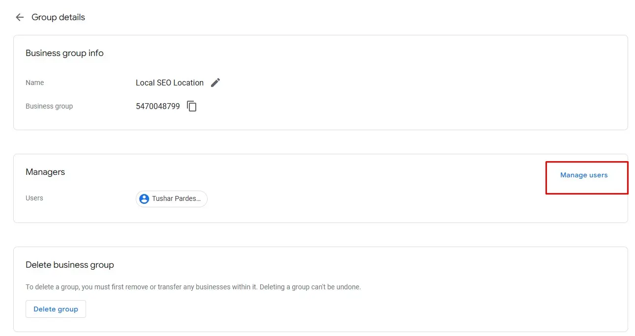 Business Group settings interface with Owner, Manager, and Site Manager role assignments
