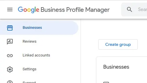 Google Business Profile Manager with ‘Create group’ button in top-right corner