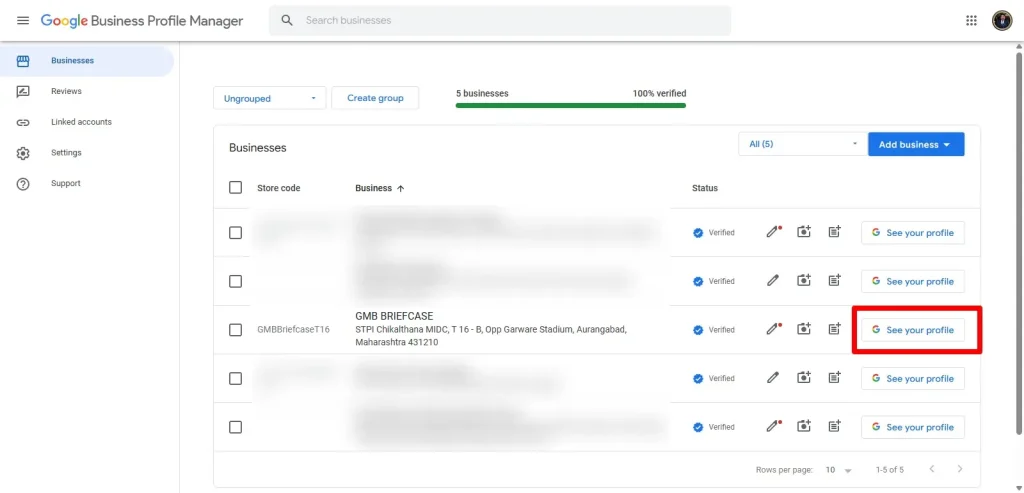 Google Business Profile Manager dashboard showing a list of business listings to choose from.