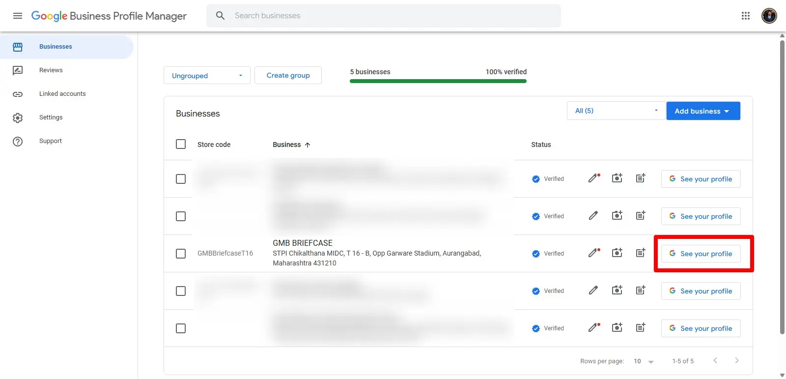 Google Business Profile Manager dashboard showing a list of business listings to choose from.