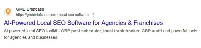 Google search result preview displaying how a website's title tag and meta description appear in the SERP, showcasing key features of local SEO software.