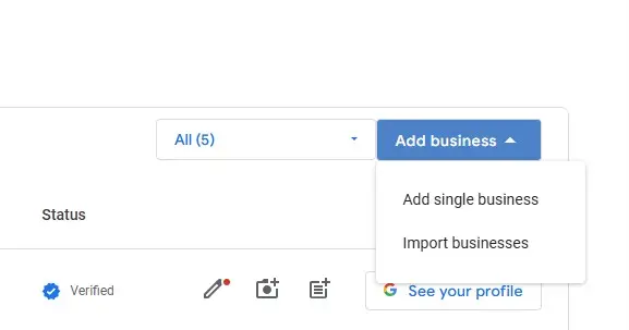 Google Business Profile Manager menu showing ‘Add business’ → ‘Import businesses
