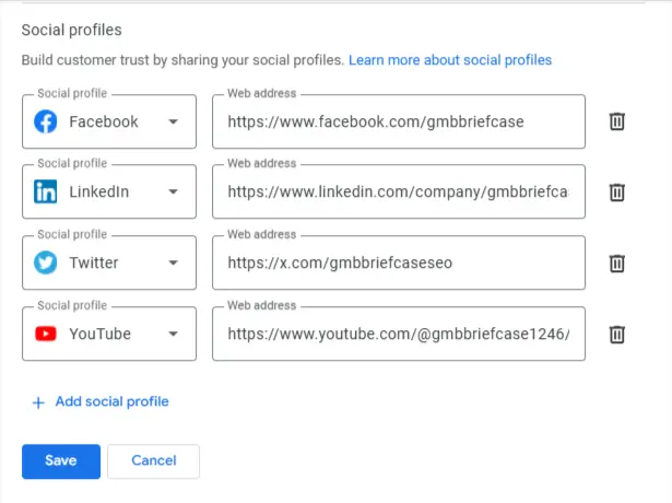 Google Business Profile dashboard showing added social media links for Facebook, LinkedIn, Twitter, and YouTube to enhance local SEO credibility.