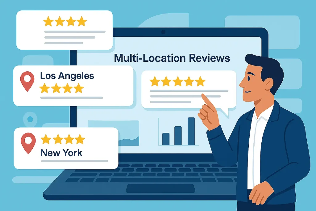 Illustration of a business professional managing multi-location reviews on a laptop screen, showing 5-star ratings from locations like Los Angeles and New York. The image highlights the importance of collecting and organizing customer feedback for local SEO across different service areas.