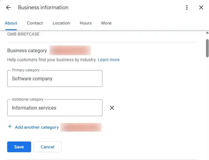 Google Business Profile dashboard showing how to select a primary category like "Software company" and an additional category such as "Information services" to improve local search relevance.