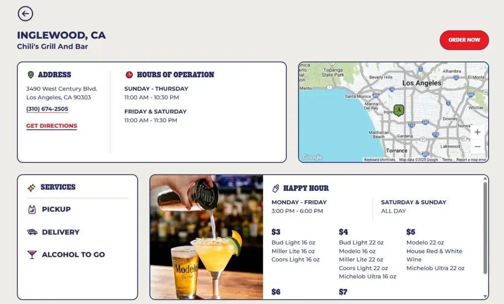 Example of a location-specific landing page for a Chili’s Grill and Bar in Inglewood, CA, displaying address, hours, map, services, and happy hour details to enhance local SEO relevance.
