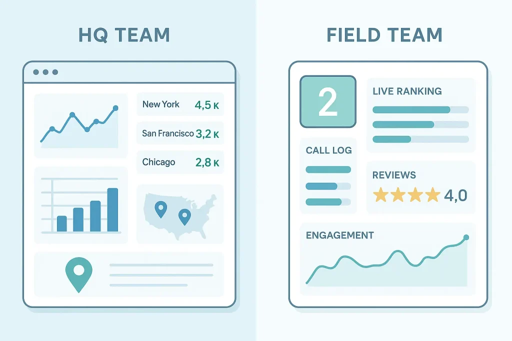 Illustration showing separate local SEO reporting dashboards for HQ and field teams, with HQ tracking multi-location trends and field teams monitoring location-specific performance metrics.