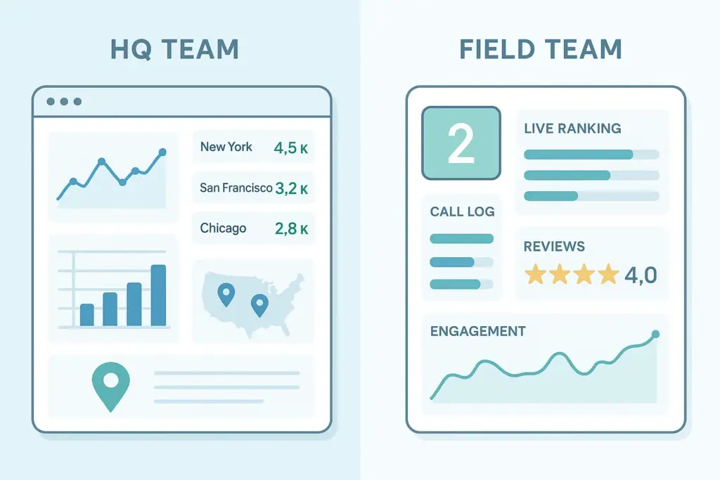 Illustration showing separate local SEO reporting dashboards for HQ and field teams, with HQ tracking multi-location trends and field teams monitoring location-specific performance metrics.