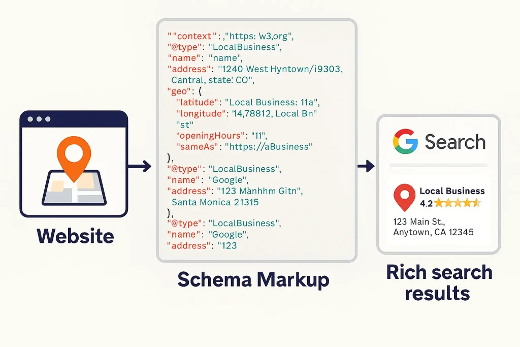 JSON-LD schema markup for multiple business locations, showcasing structured data like business name, address, and geo-coordinates to enhance local SEO.