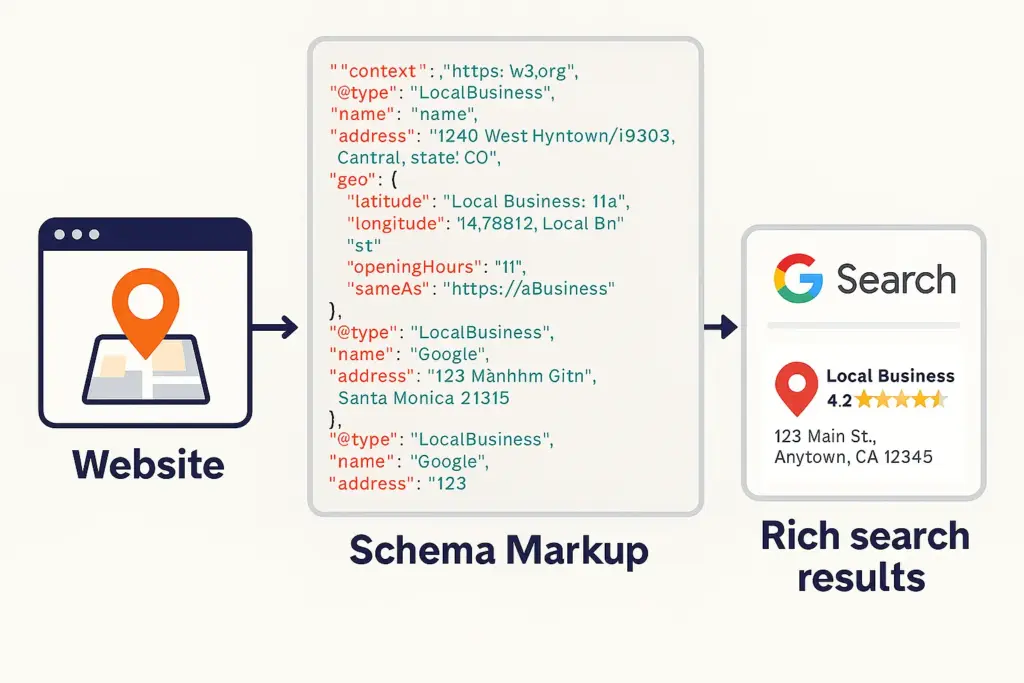 JSON-LD schema markup for multiple business locations, showcasing structured data like business name, address, and geo-coordinates to enhance local SEO.
