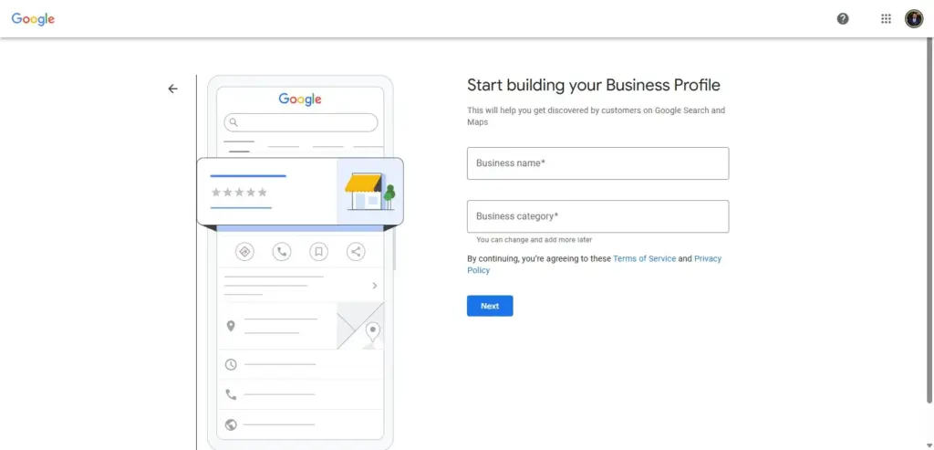 Screenshot of the Google Business Profile setup page showing fields to enter Business Name and Business Category