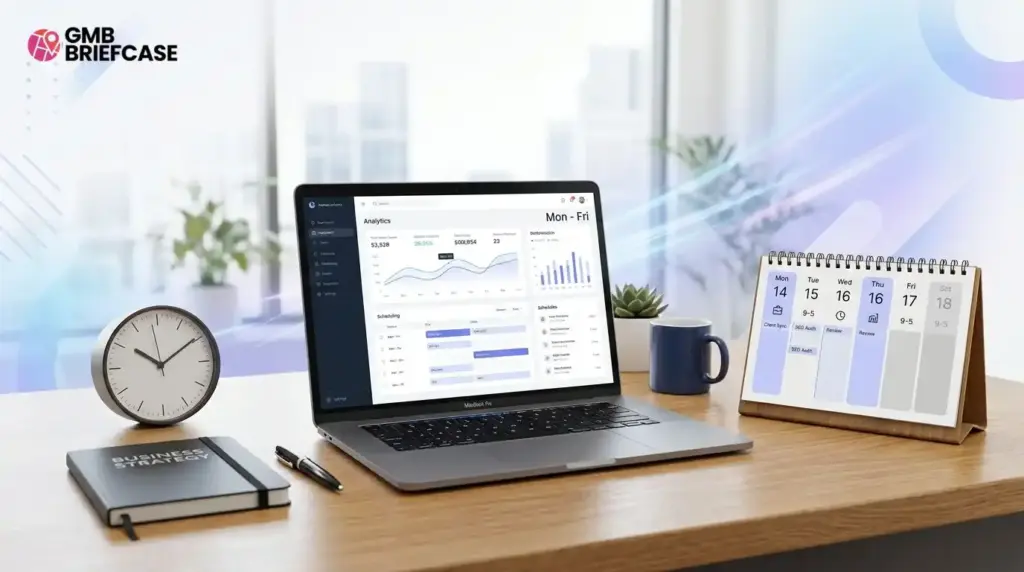 Featured image showing a calendar, clock, and laptop to represent business day timing.