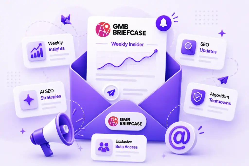 GMB Briefcase Local SEO Insider newsletter illustration with email envelope and AI SEO insights.