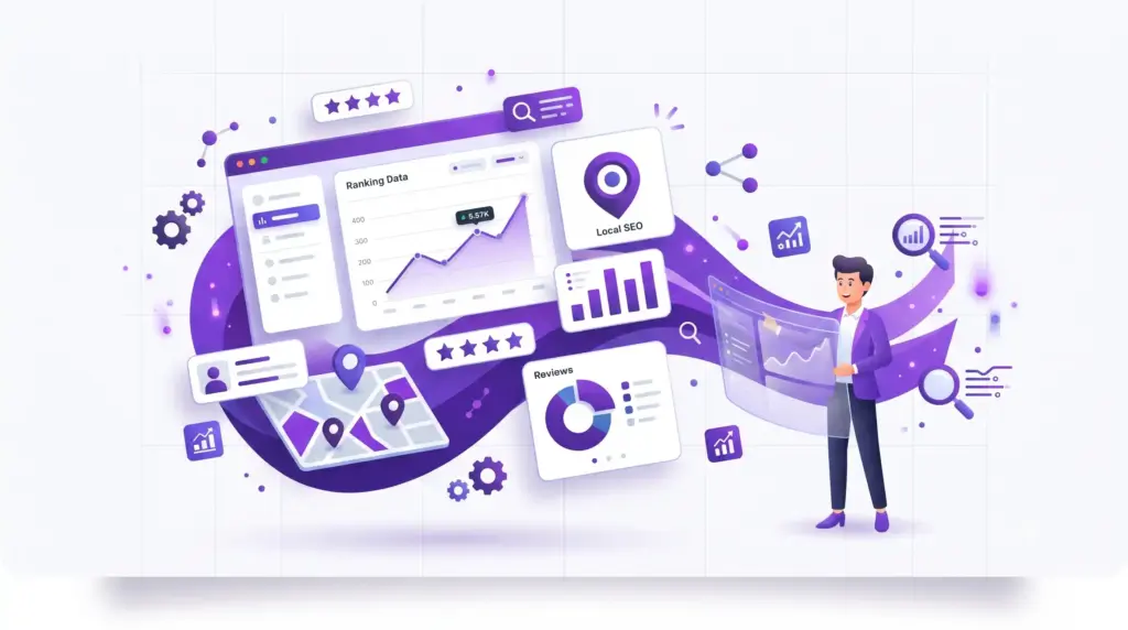 3D illustration of a local SEO specialist interacting with a floating digital dashboard containing map ranking data, review metrics, and performance charts.